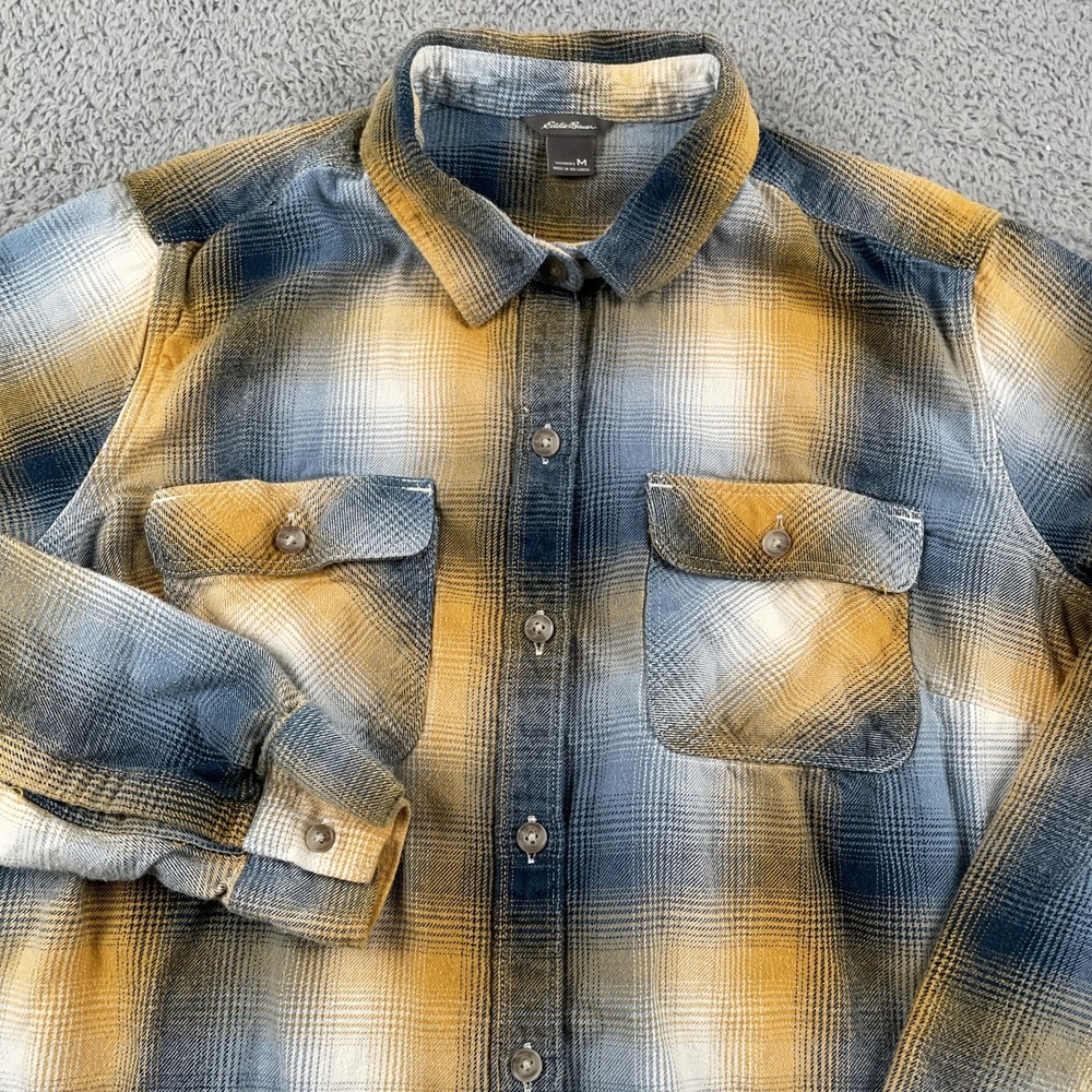 Eddie Bauer Shirt Womens Medium Blue Yellow Flannel Plaid Button Up Long Sleeve